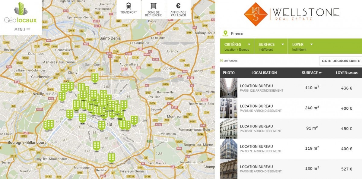 Annonces géolocalisées Wellsone Real Estate Paris Bureaux lcoation vente Geolocaux 